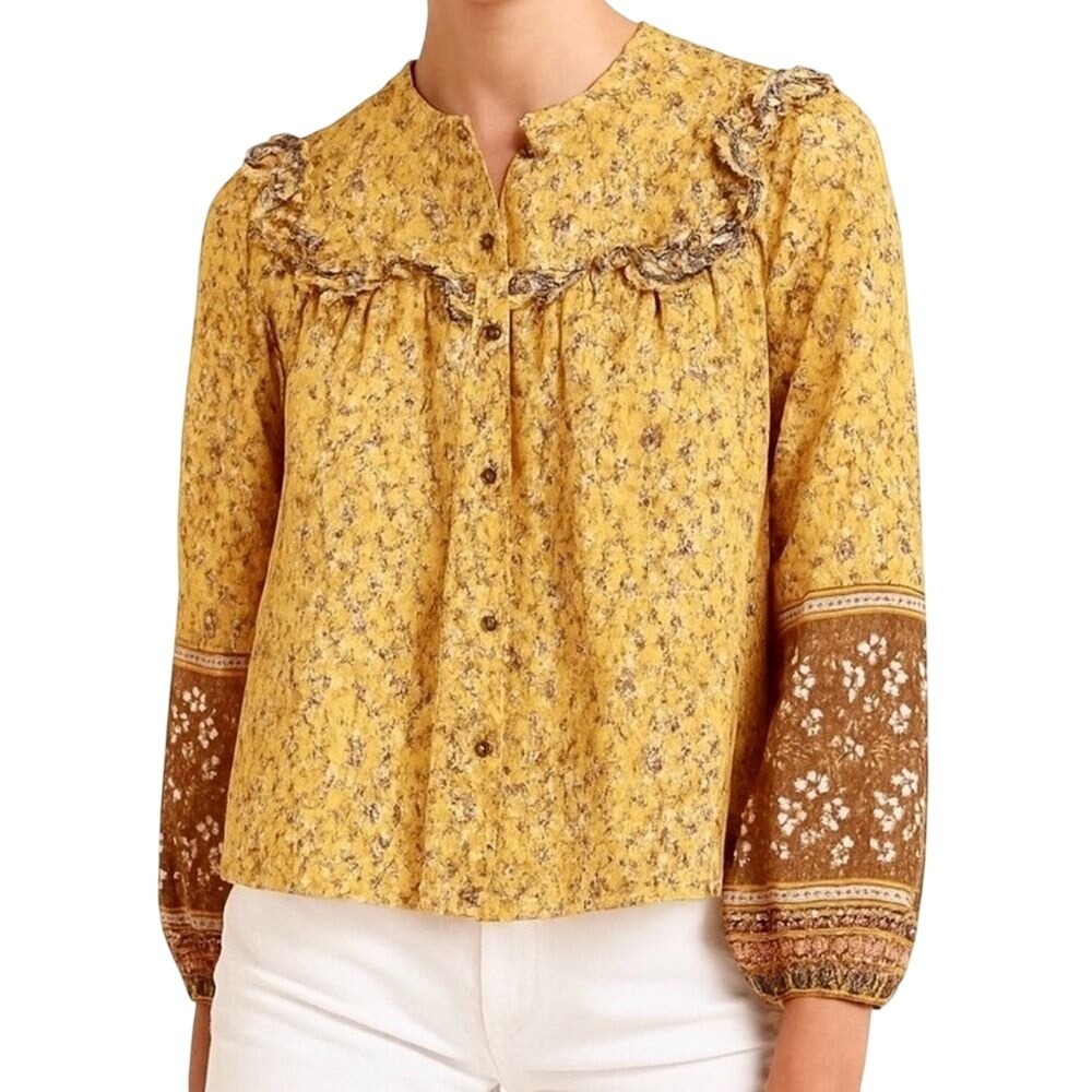 Joie Boho Yellow Floral Ruffle Top Blouse Women Size Small